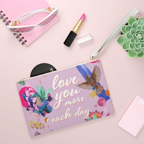 love you more each day floral designed zipped clutch bag